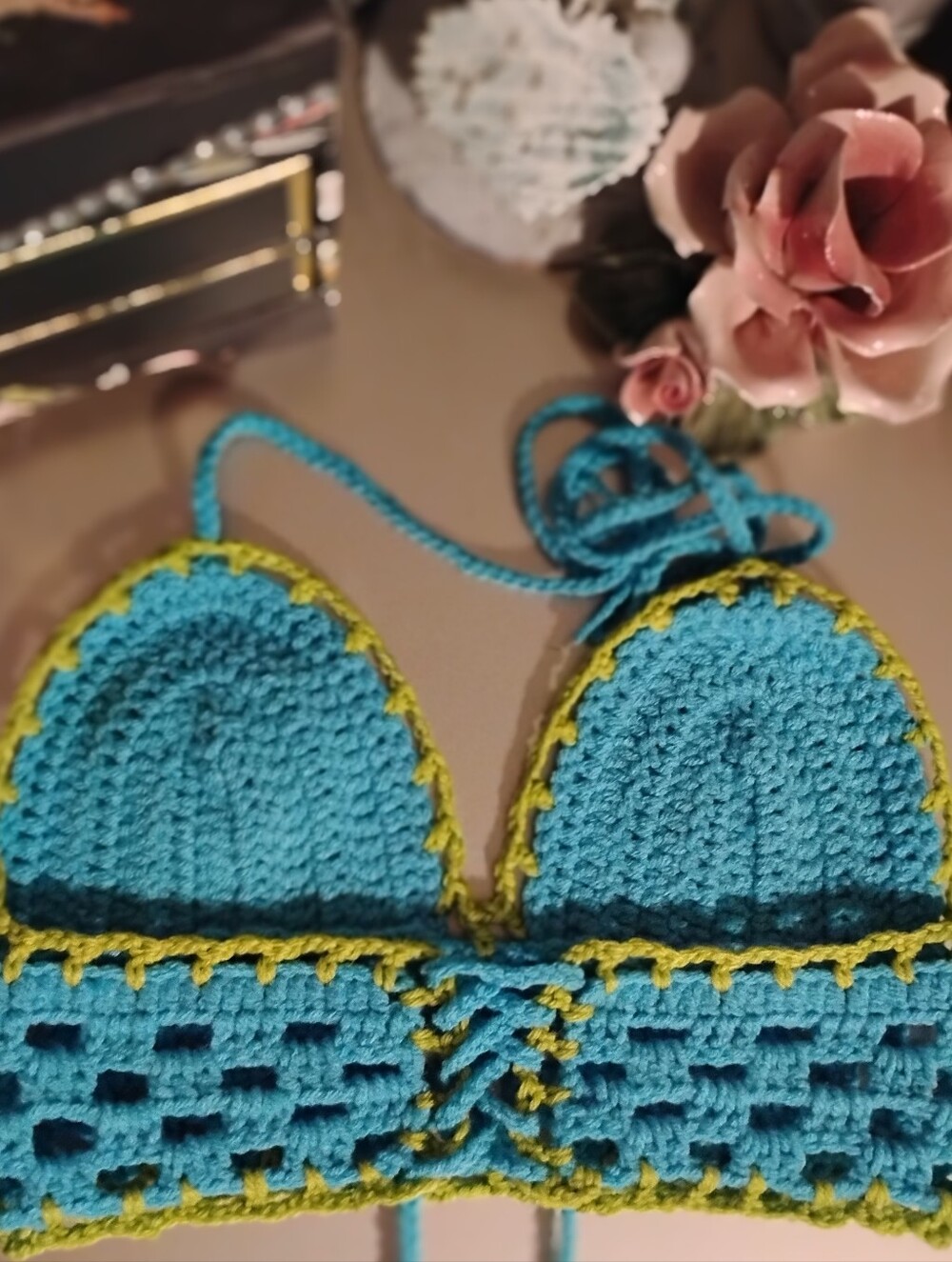 Handmade Crochet Bralette - Turquoise with Lime Trim - Picture 9 of 11